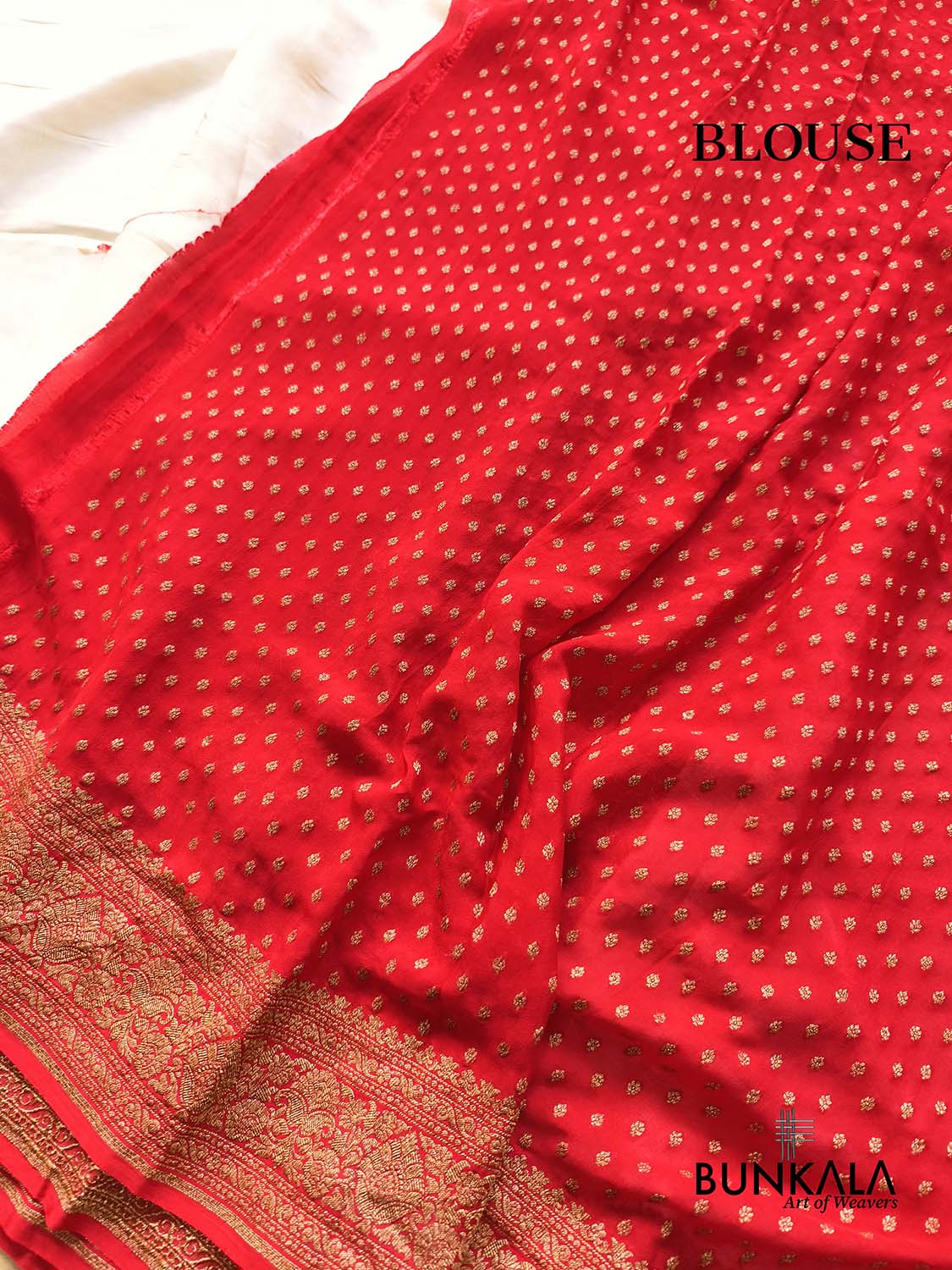 Ivory with Red Contrast Plain Banarasi Georgette Saree