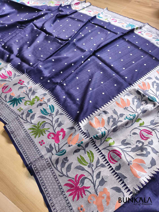 Navy Blue Silver Zari Meenakari Border Handloom Banarasi Pure Tussar Silk Saree
