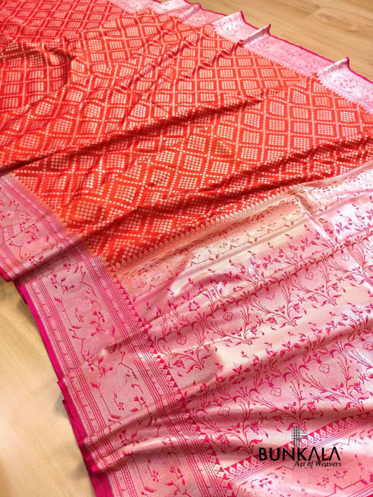 Orange Ektara Banarasi Jamdani Geometric Weaved Silk Saree