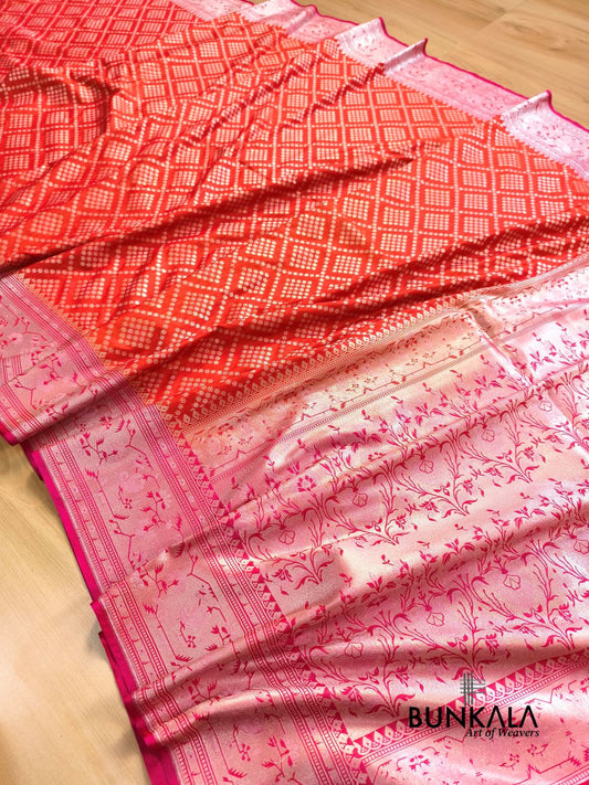 Orange Ektara Banarasi Jamdani Geometric Weaved Silk Saree