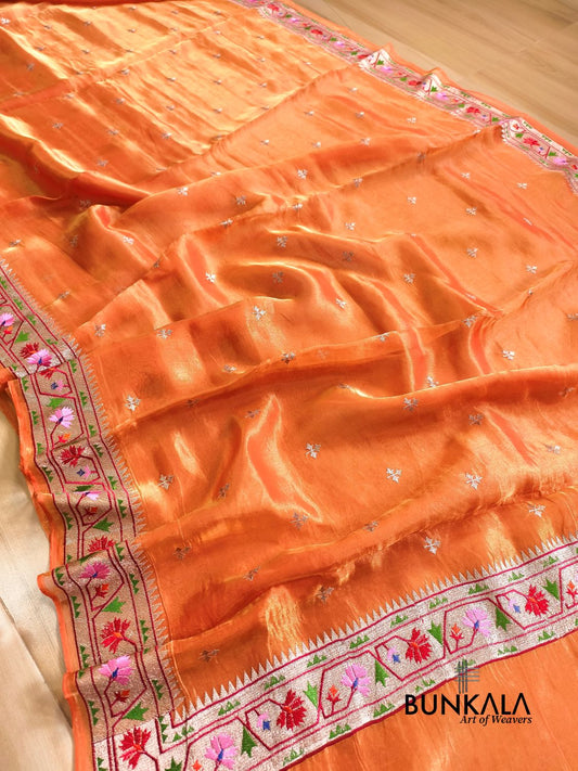 Orange Multicolour Paithani Border Banarasi Embroidery Tissue Silk Saree