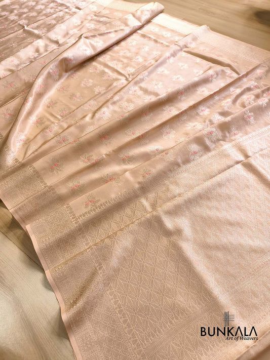 Pastel Peach Meena Buta Banarasi Tissue Silk Saree