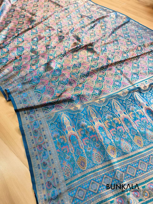 Peacock Blue Rangkat Jamewar Mughal Pattern Weaved Banarasi Mashru Silk Saree