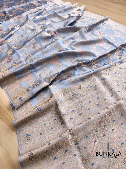 Powder Blue Heritage Jaal Banarasi Mashru Silk Saree