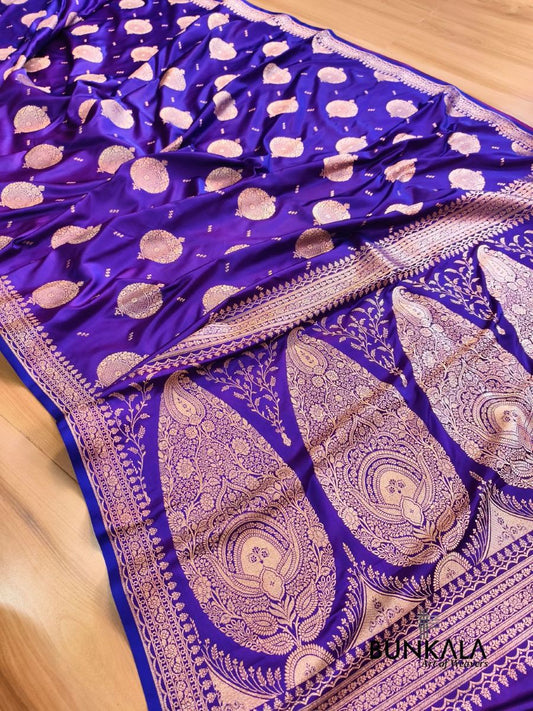 Purplish Blue Buta Banarasi Mashru Soft Silk Saree with Paisley Pallu