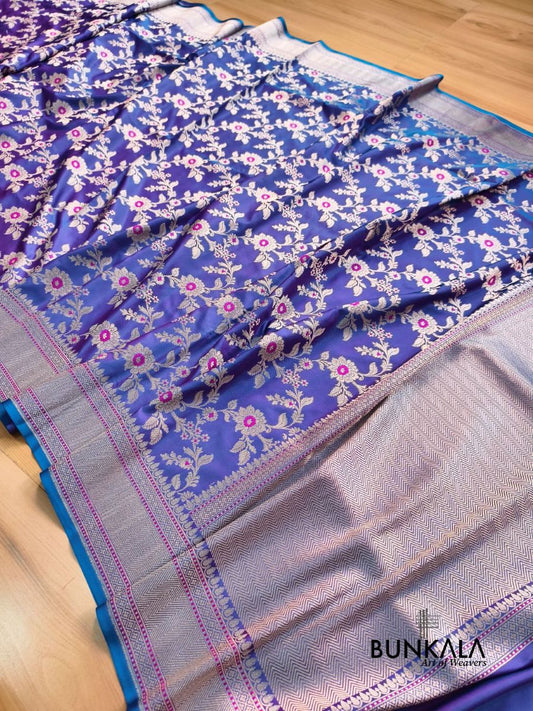 Purplish Blue Jamewar Weaved Meenakari Floral Jaal Banarasi Mashru Silk Saree
