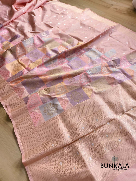 Rangkat Multi Pastel Peach Kadwa Handweaved Banarasi Pure Tissue Silk Saree