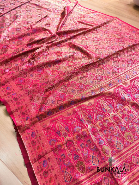 Rani Pink Rangkat Jamewar Mughal Pattern Weaved Banarasi Mashru Silk Saree