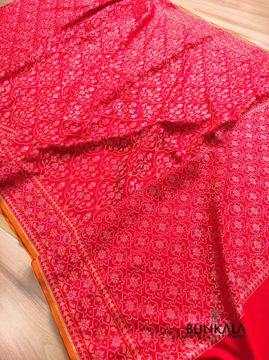 Red Ektara Banarasi Jamdani Weaved Silk Saree