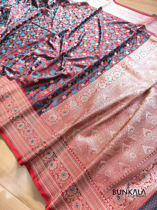 Red Floral Jaal Jamewar Weaved Banarasi Mashru Silk Saree