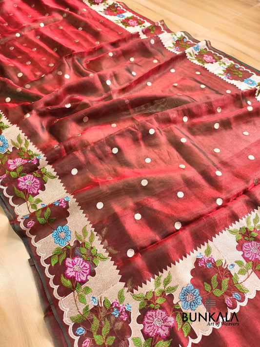 Red Multicolour Floral Border Banarasi Embroidery Tissue Silk Saree