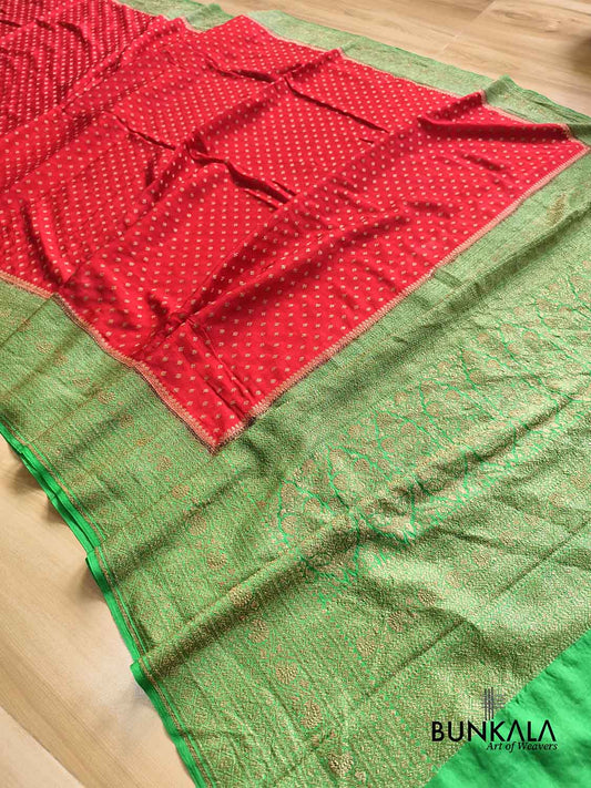 Red with Green Big Contrast Border Banarasi Georgette Saree