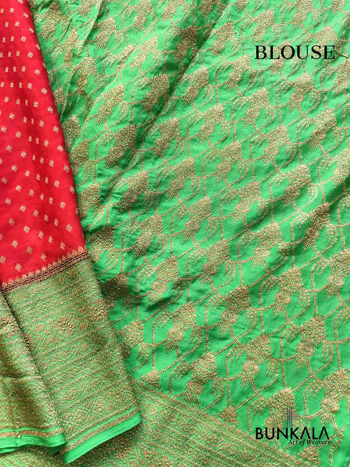 Red with Green Big Contrast Border Banarasi Georgette Saree