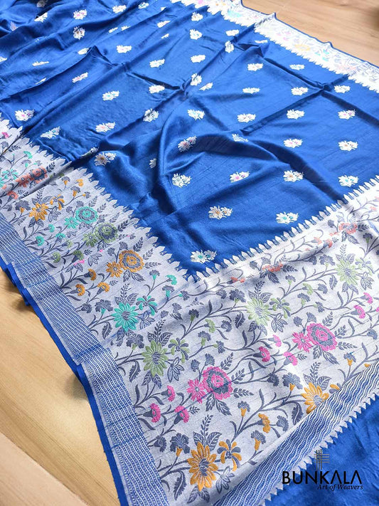 Royal Blue Silver Zari Meenakari Big Border Handloom Banarasi Pure Tussar Silk Saree