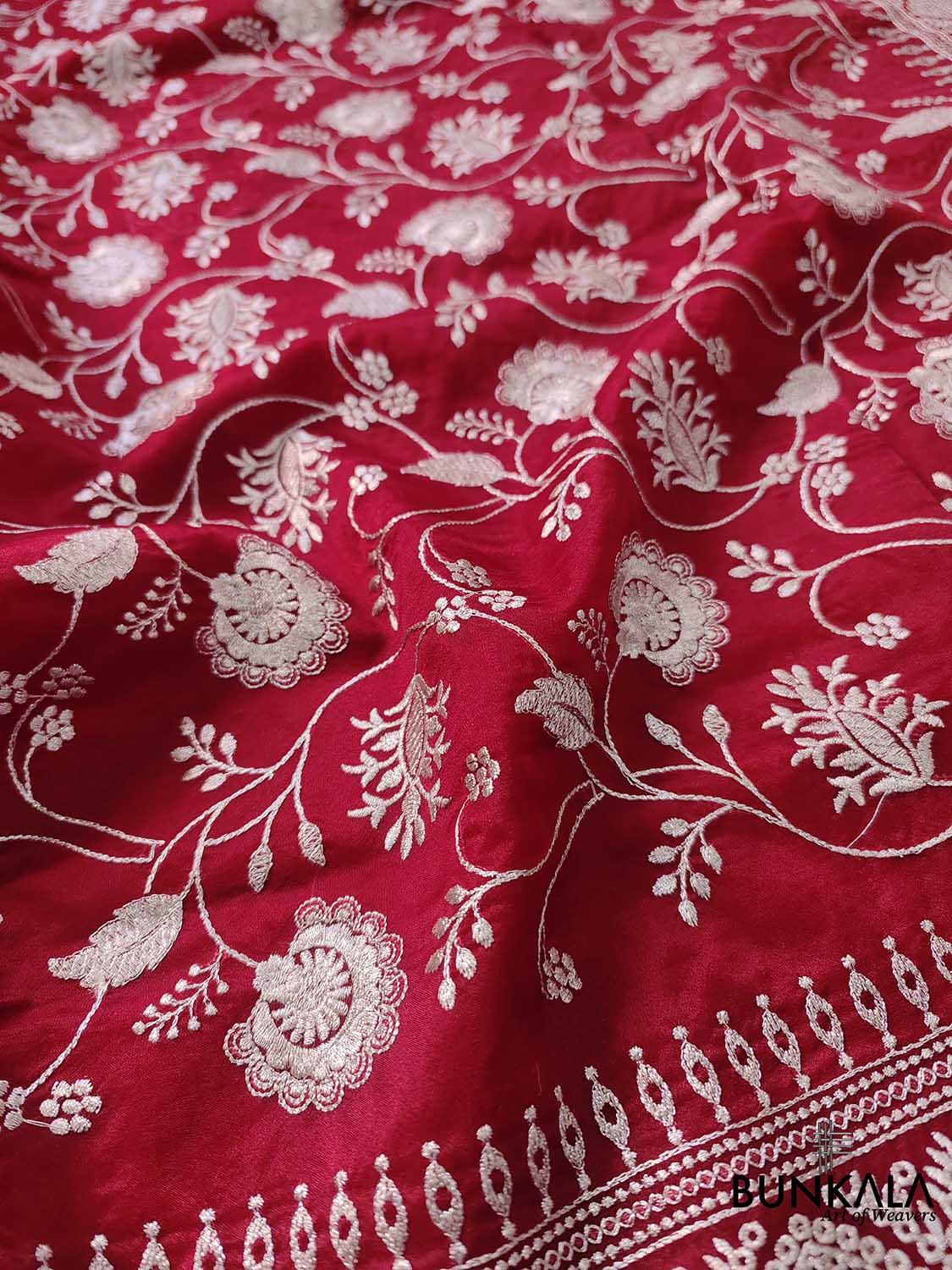 Red Banarasi Organza Silver Zari Work Floral Design Embroidery Saree