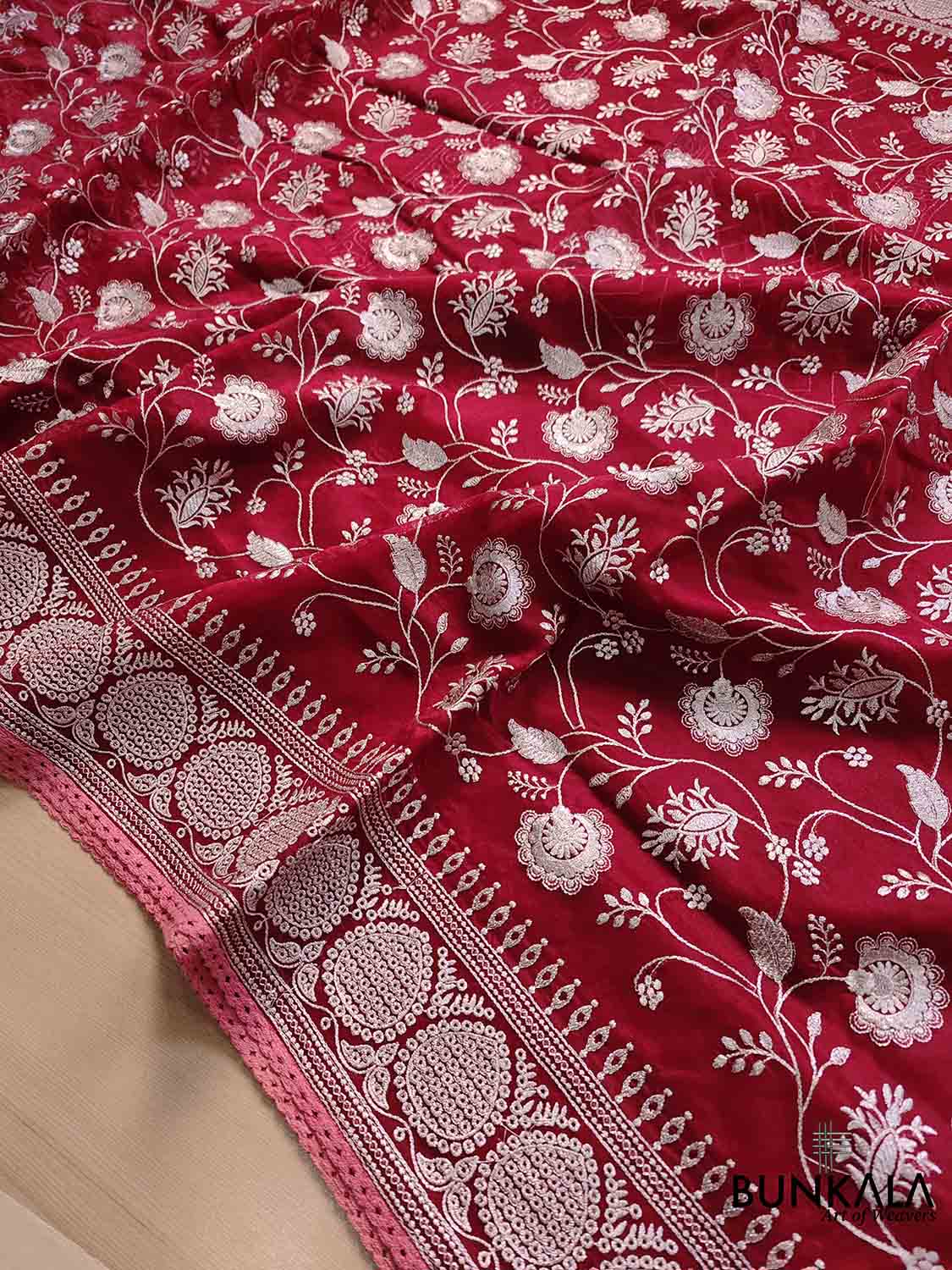 Red Banarasi Organza Silver Zari Work Floral Design Embroidery Saree