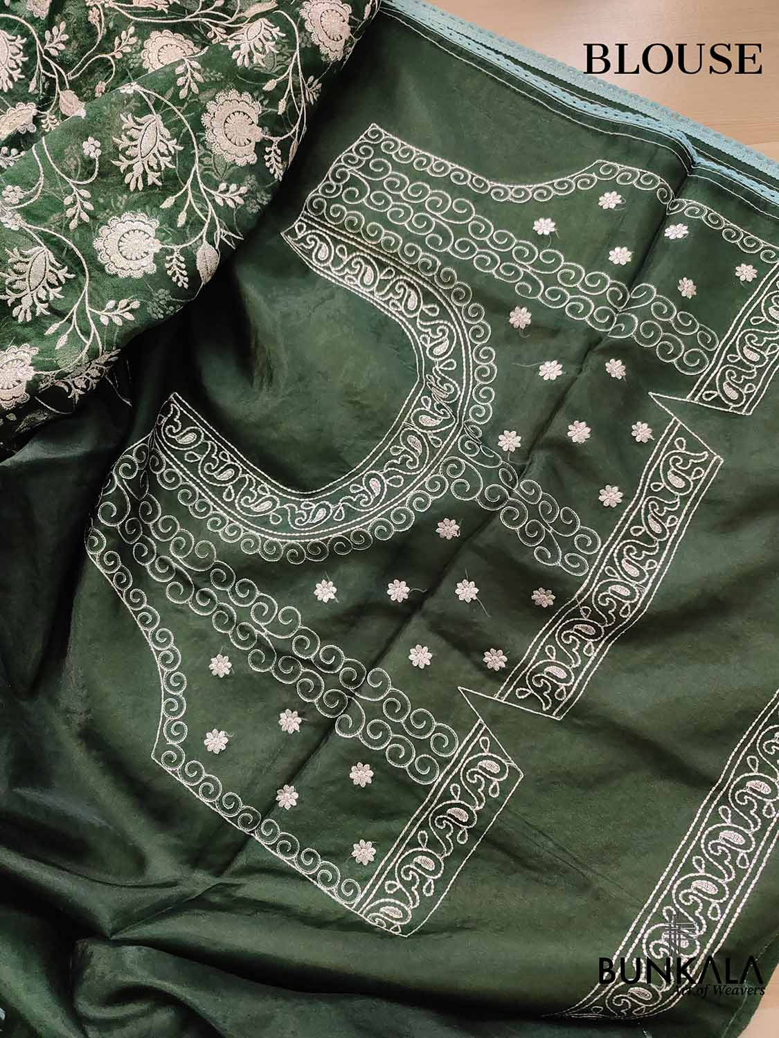 Bottle Green Banarasi Organza Silver Zari Work Floral Design Embroidery Saree