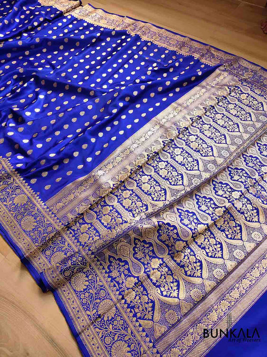 Graceful Royal Blue Pure Mashru Silk Allover Buti Design Handloom Banarasi Saree