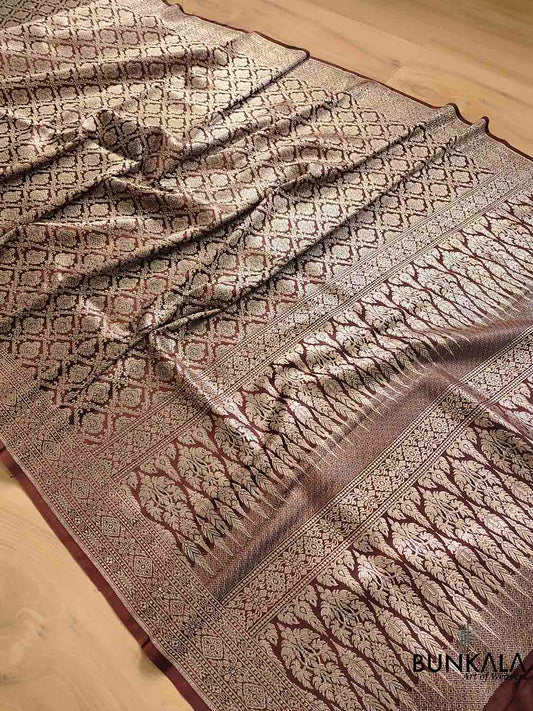 Intricate Delight Brown Silver Zari Mashru Silk Banarasi Saree