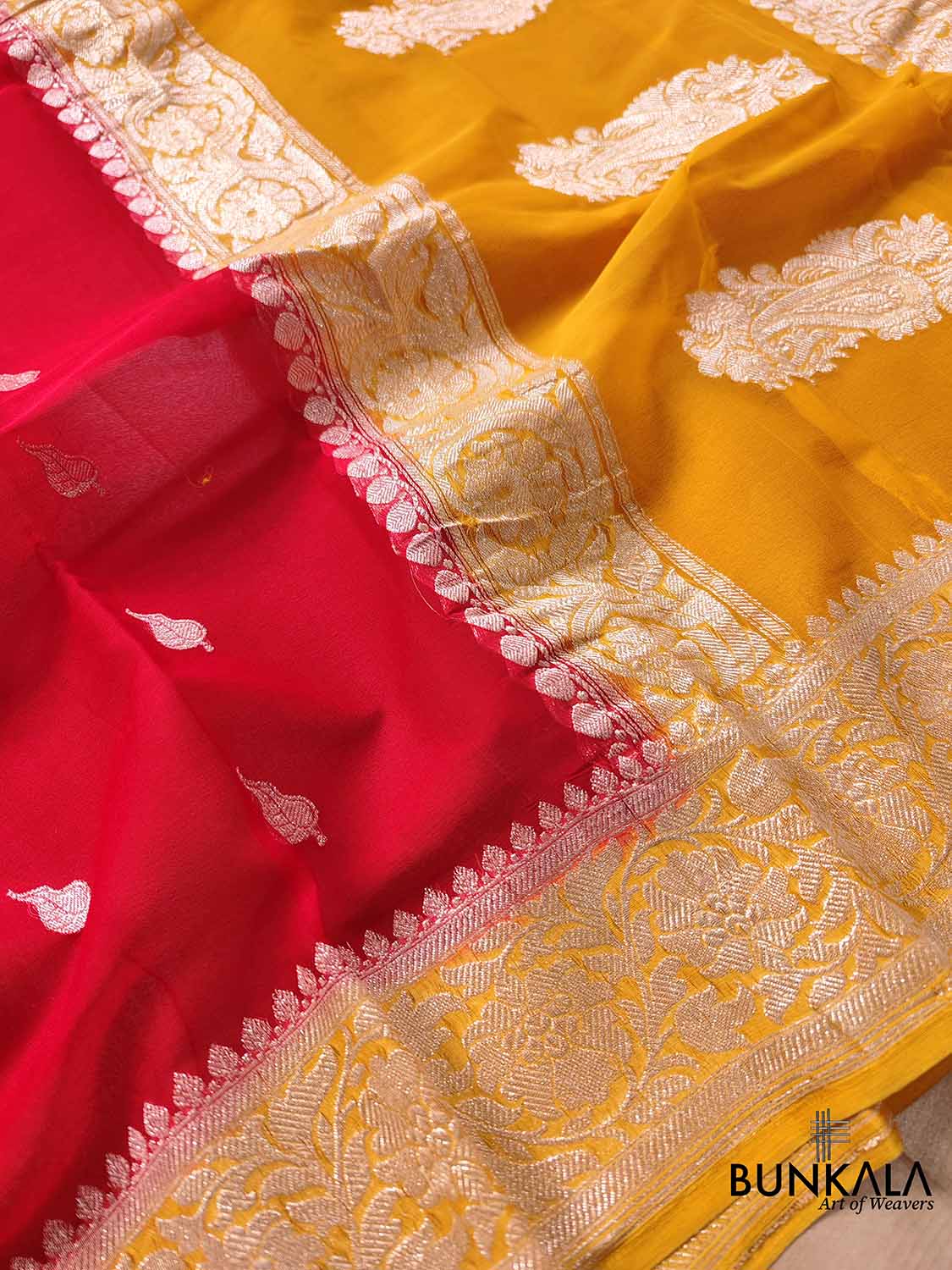 Enchanting Elegance Red Banarasi Pure Khaddi Chiffon Saree with Silver Zari Buti and Orange Contrast Border