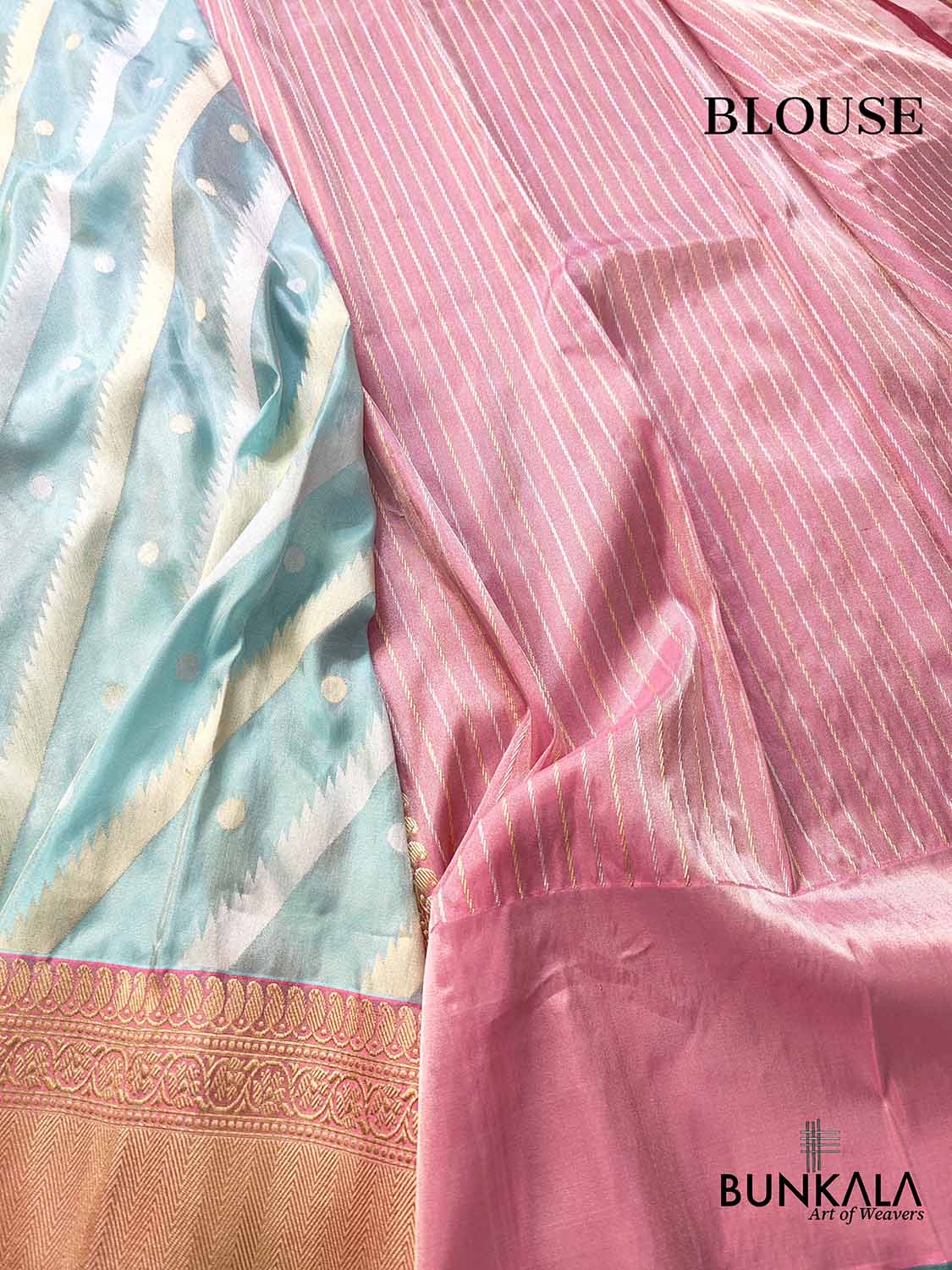 Handcrafted Blue Ektara Pure Tissue Silk Kadwa Sona Rupa Stripe Design Banarasi Saree with Pink Contrast Border and Pallu