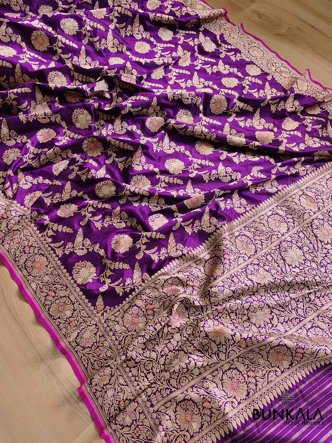 Plum Blossom Dark Purple Intricate Handwoven Pure Katan Silk Kadwa Jangla Meenakari Banarasi Saree