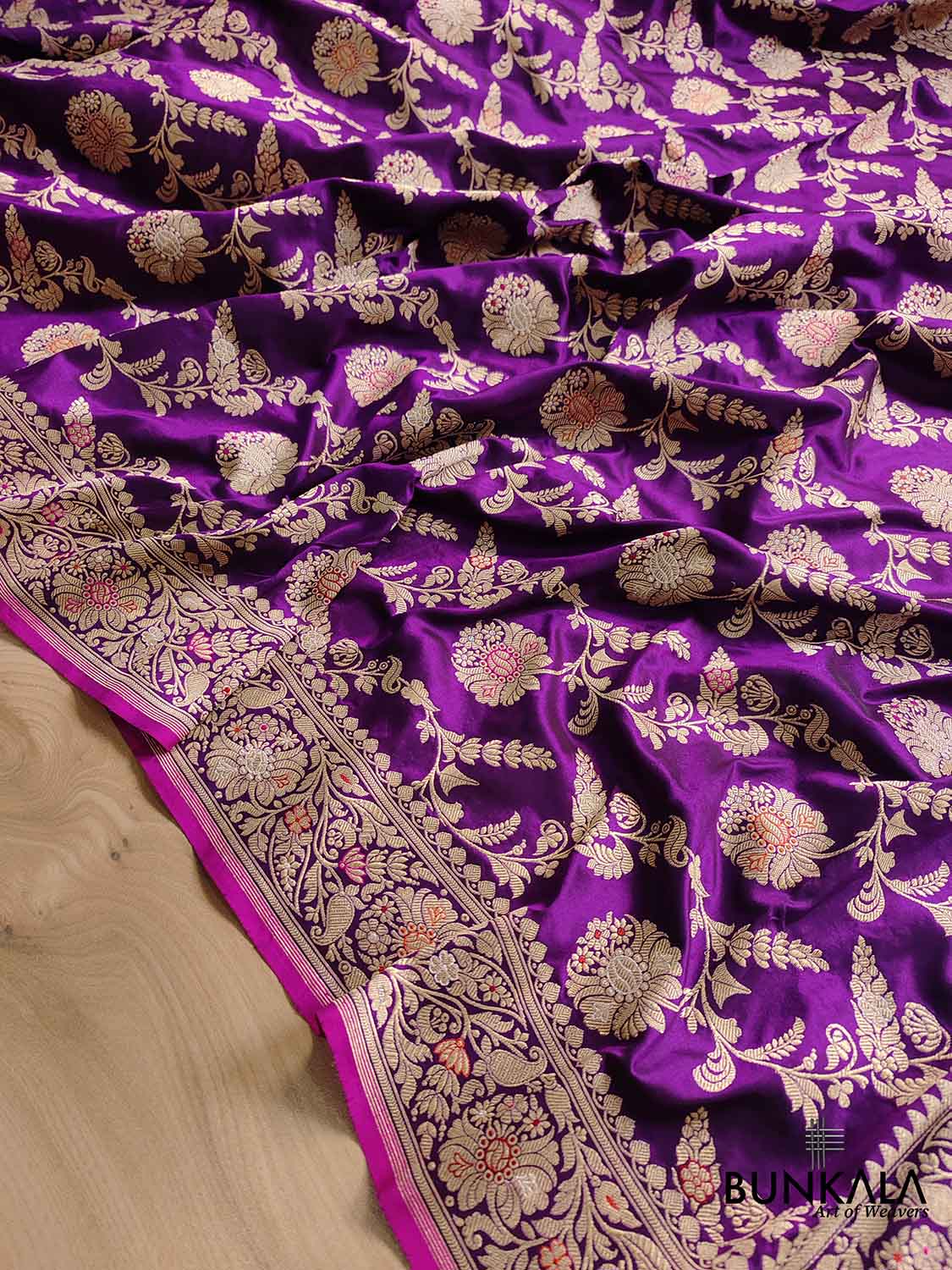 Plum Blossom Dark Purple Intricate Handwoven Pure Katan Silk Kadwa Jangla Meenakari Banarasi Saree