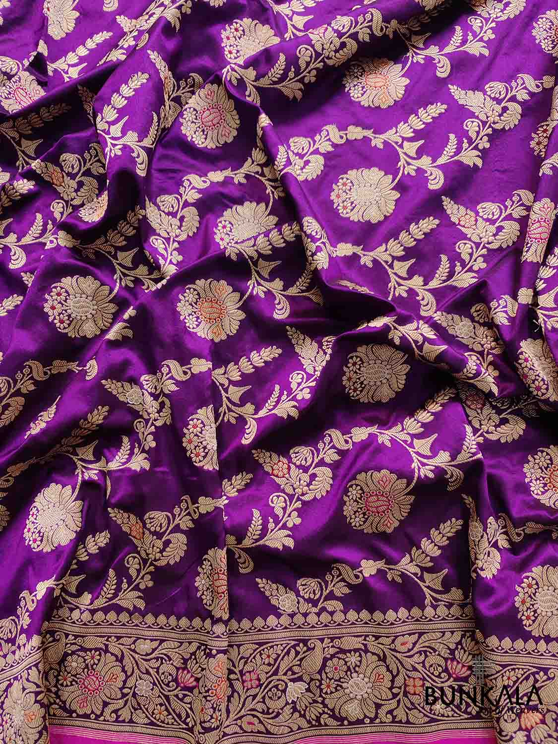 Plum Blossom Dark Purple Intricate Handwoven Pure Katan Silk Kadwa Jangla Meenakari Banarasi Saree