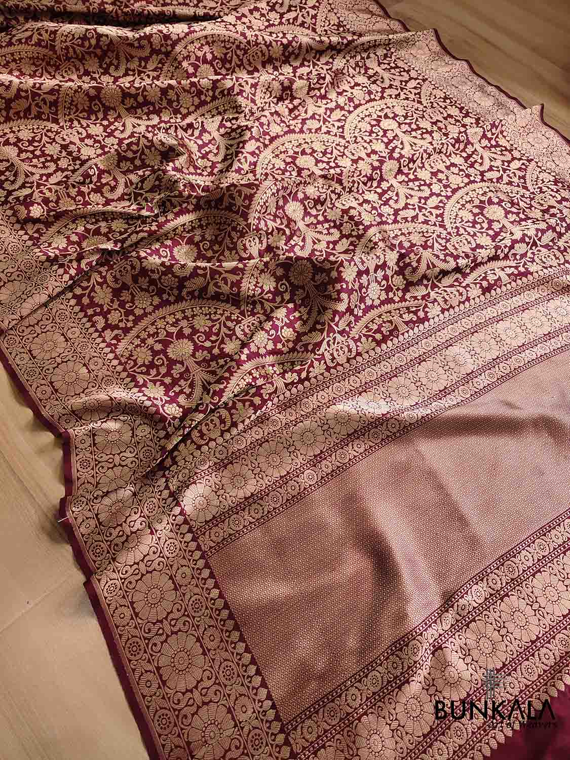 Traditional Touch Dark Maroon Heritage Brocade Design Handloom Pure Katan Silk Meenakari Banarasi Saree