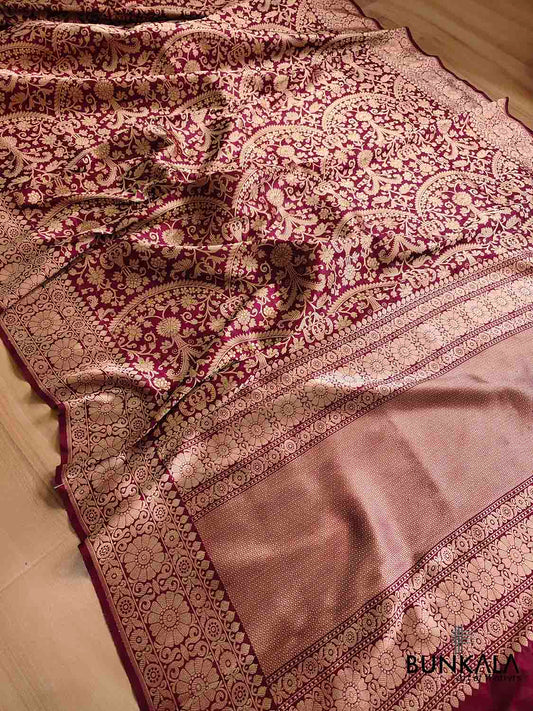 Traditional Touch Dark Maroon Heritage Brocade Design Handloom Pure Katan Silk Meenakari Banarasi Saree