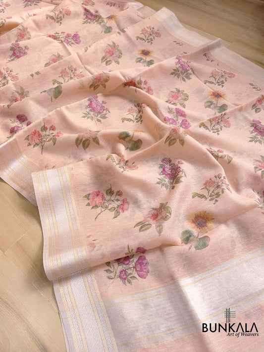 Peach Pink Linen Saree with Digital Floral Print and Zari Border