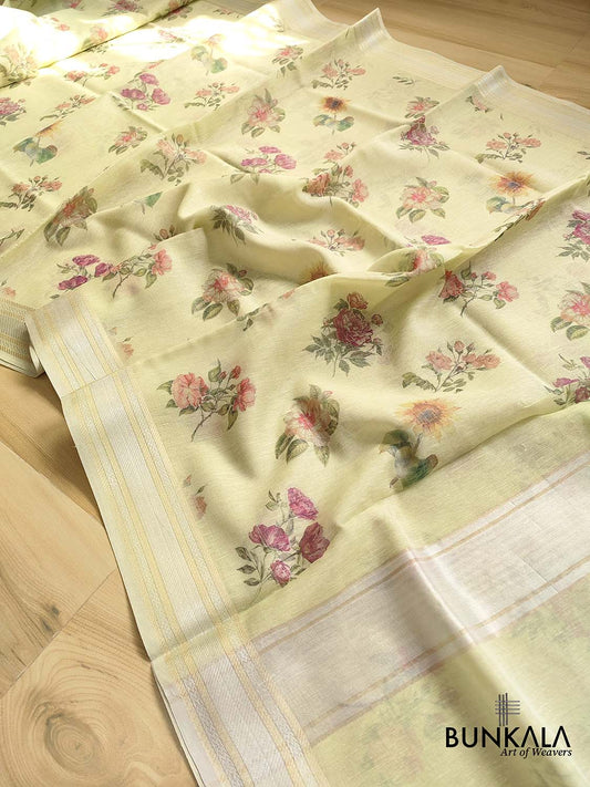 Pista Green Linen Saree with Digital Floral Print and Zari Border