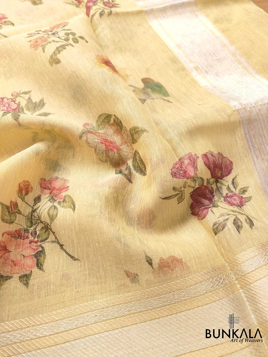 Yellow Linen Saree with Digital Floral Print and Zari Border