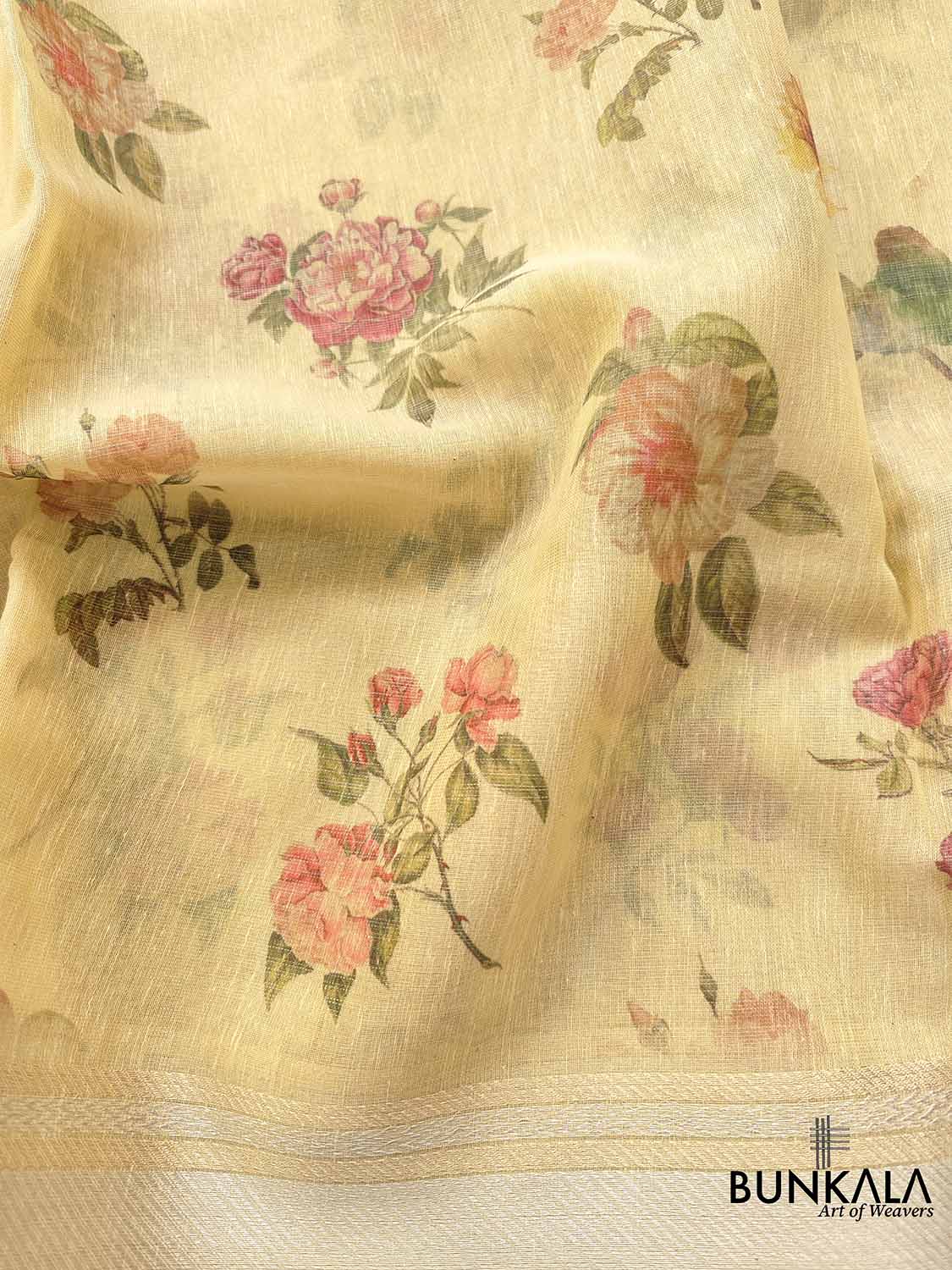 Yellow Linen Saree with Digital Floral Print and Zari Border