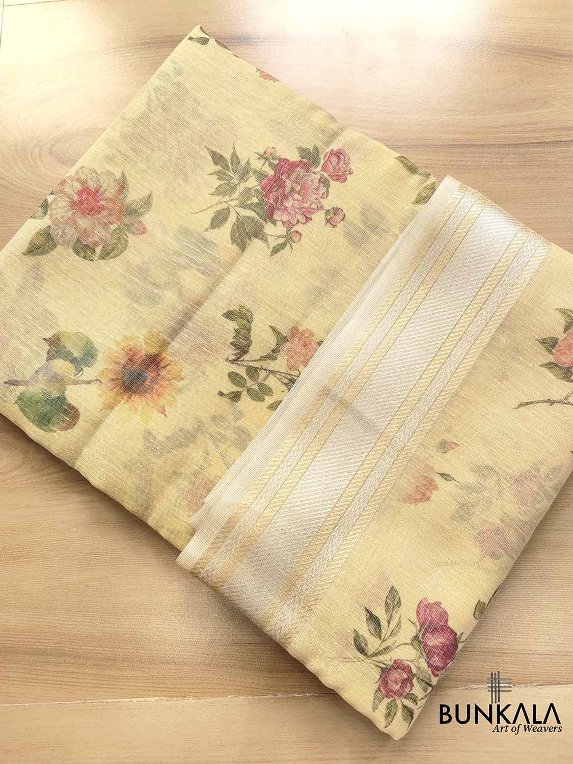 Yellow Linen Saree with Digital Floral Print and Zari Border