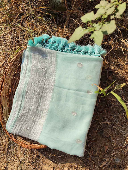 Blue Pure Khaddi Chiffon Banarasi Allover Silver Zari Buti Handloom Saree