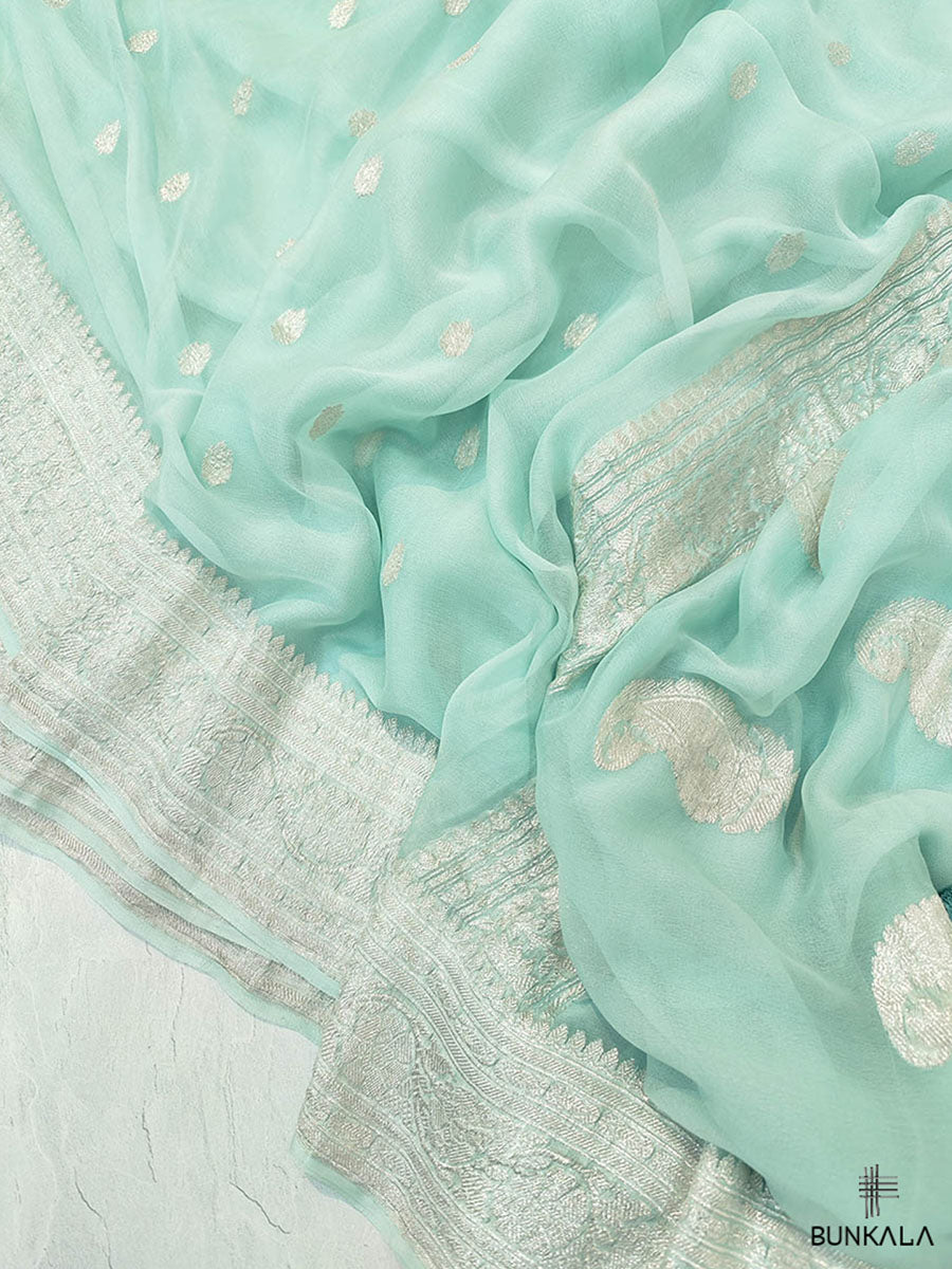 Blue Pure Khaddi Chiffon Banarasi Allover Silver Zari Buti Handloom Saree