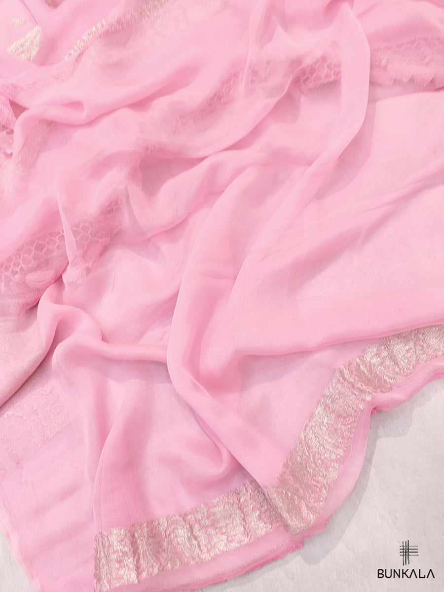 Pink Pure Khaddi Chiffon Banarasi Allover Silver Zari Buti Handloom Saree