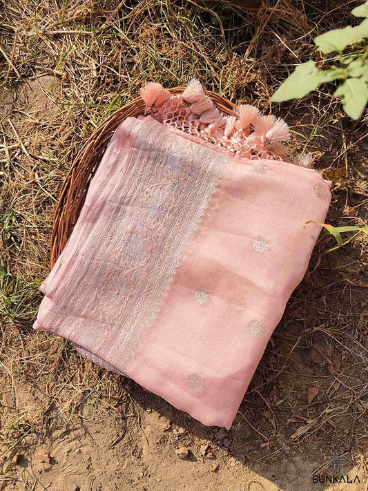 Peach Pure Khaddi Chiffon Banarasi Allover Silver Zari Buti Handloom Saree