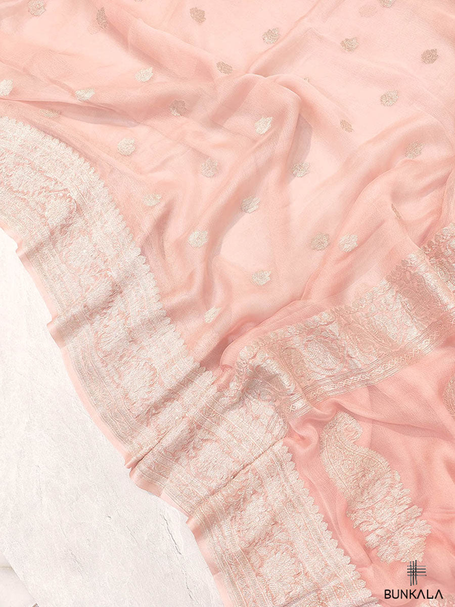 Peach Pure Khaddi Chiffon Banarasi Allover Silver Zari Buti Handloom Saree