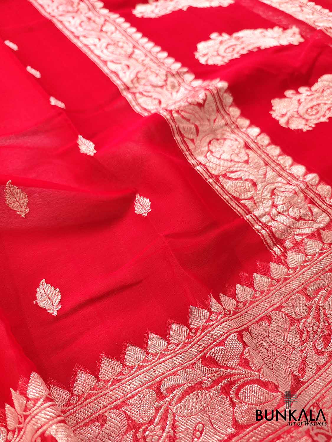 Red Banarasi Pure Khaddi Chiffon Allover Silver Zari Buti Handloom Saree
