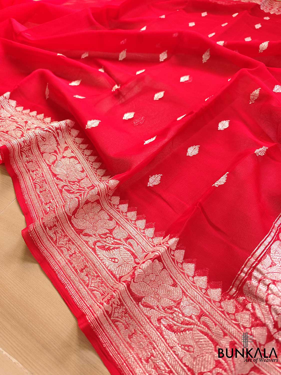 Red Banarasi Pure Khaddi Chiffon Allover Silver Zari Buti Handloom Saree