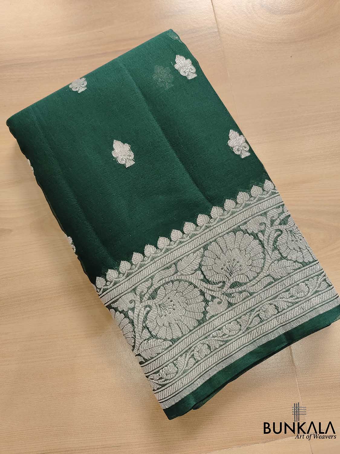 Green Banarasi Pure Khaddi Chiffon Allover Silver Zari Buti Handloom Saree