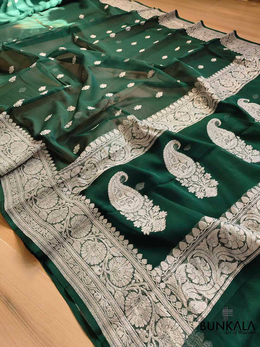Green Banarasi Pure Khaddi Chiffon Allover Silver Zari Buti Handloom Saree