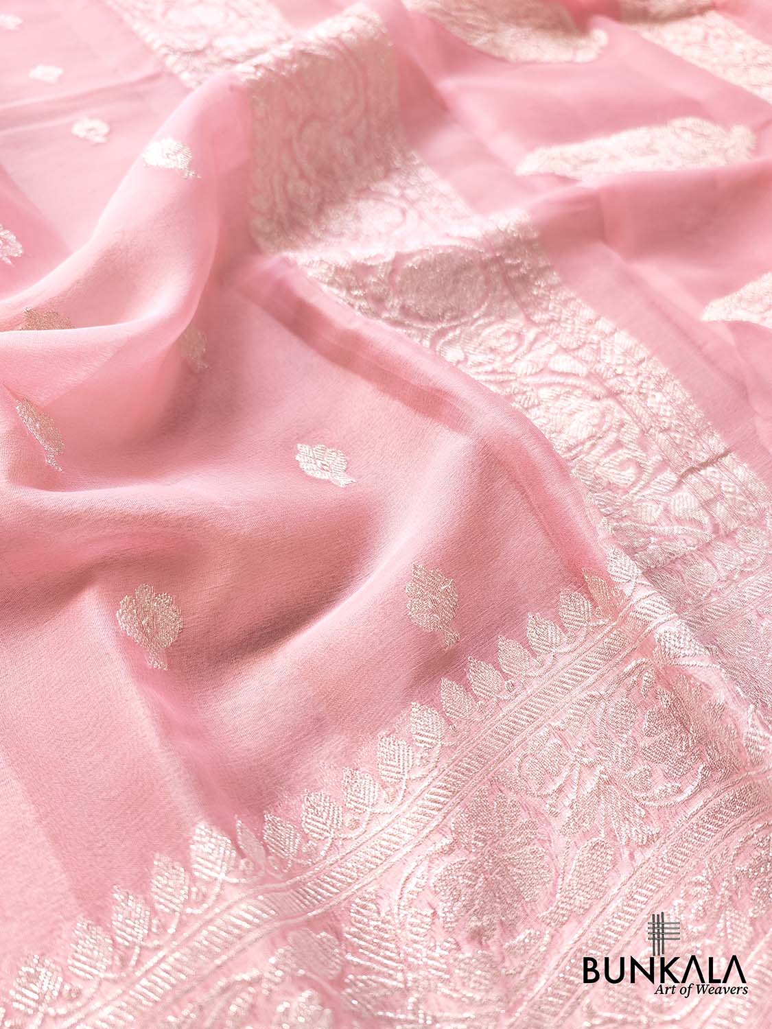 Pink Banarasi Pure Khaddi Chiffon Allover Silver Zari Buti Handloom Saree