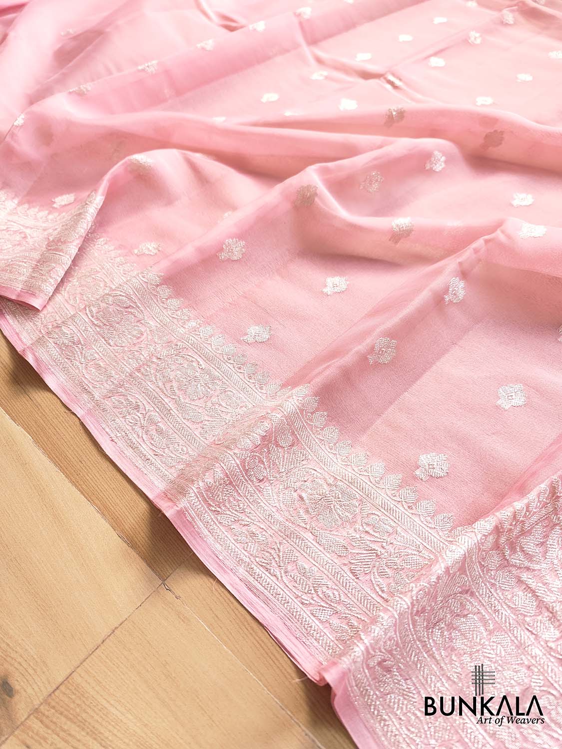 Pink Banarasi Pure Khaddi Chiffon Allover Silver Zari Buti Handloom Saree