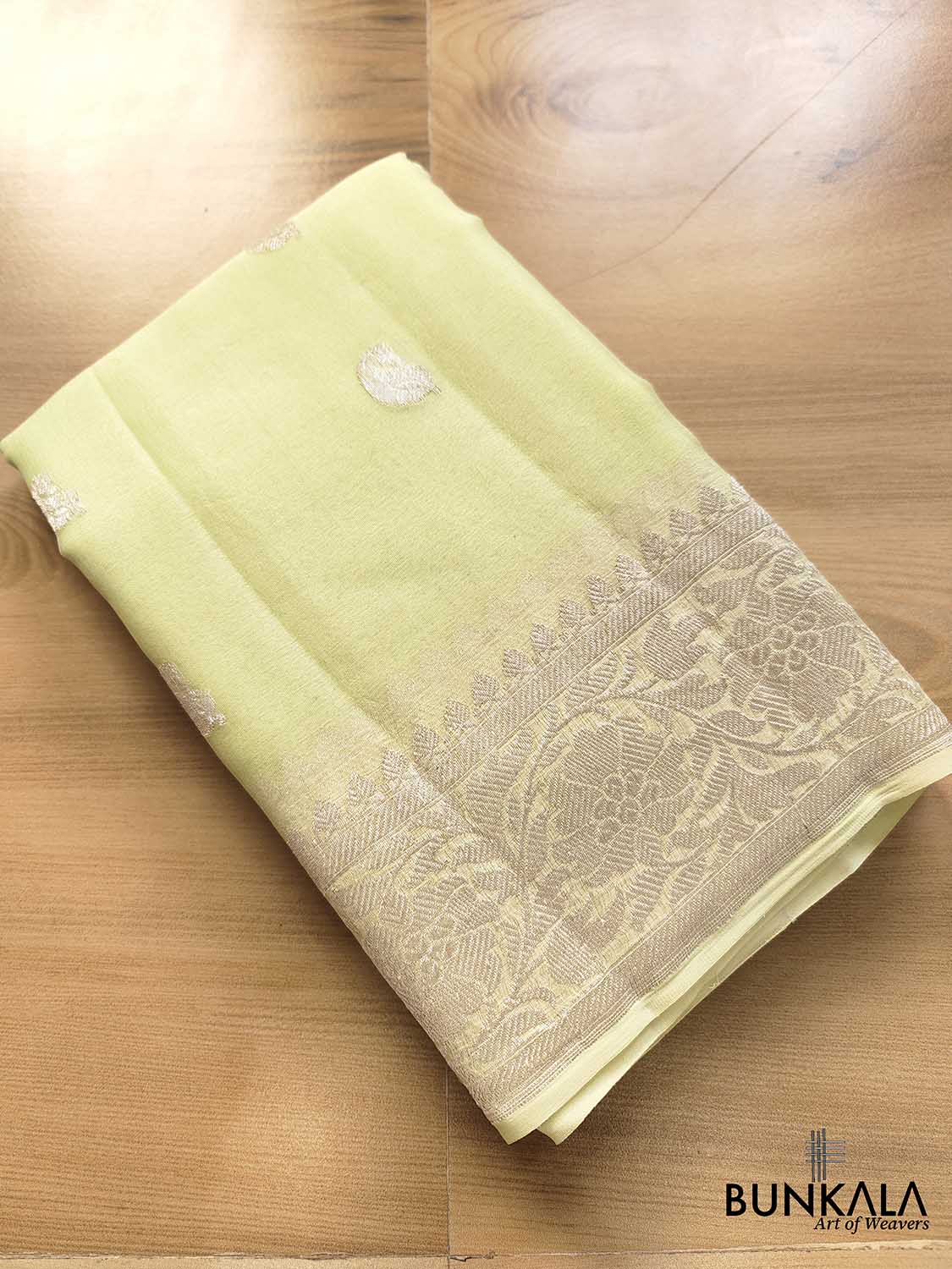 Pista Green Banarasi Pure Khaddi Chiffon Allover Silver Zari Buti Handloom Saree