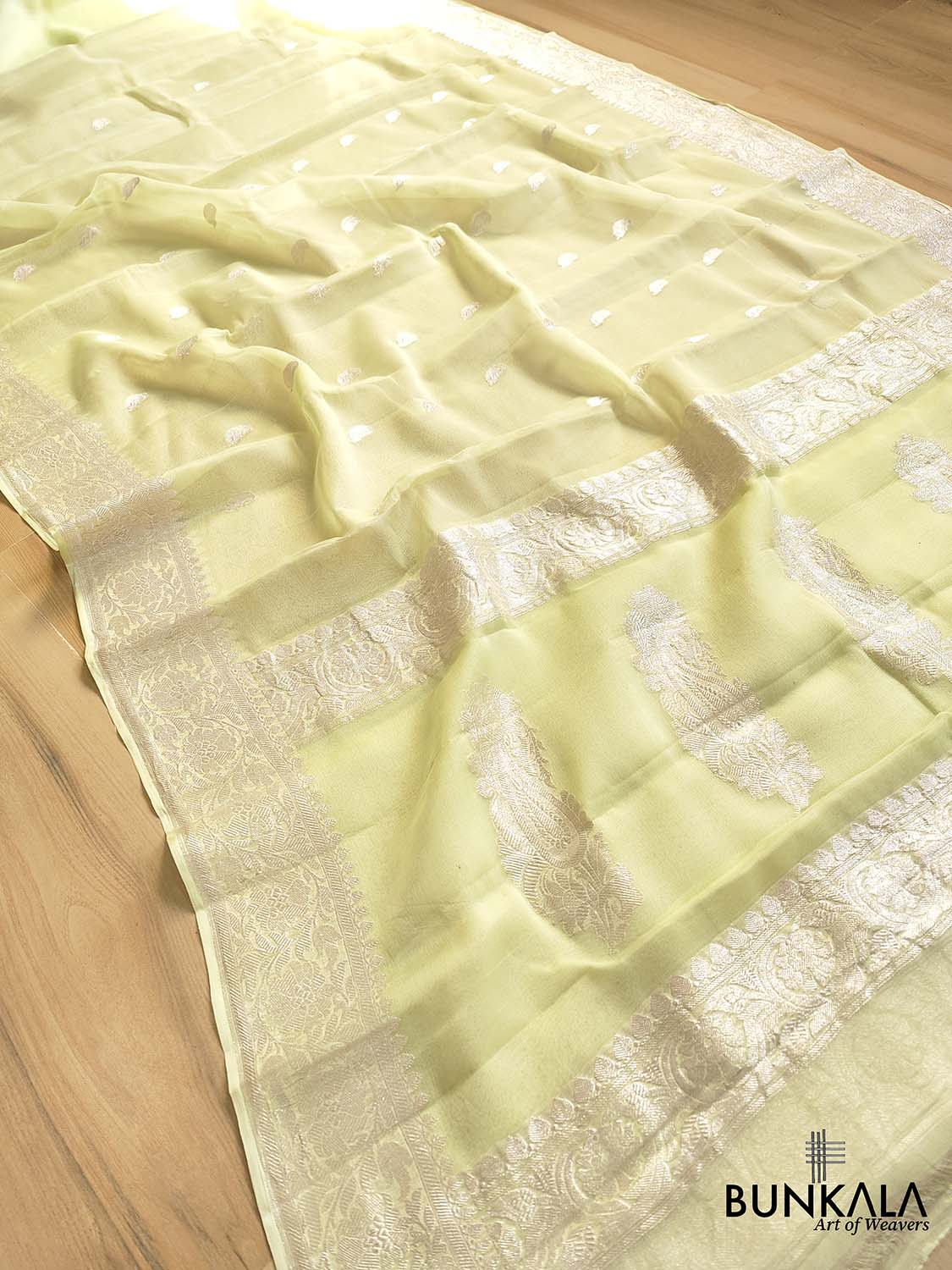 Pista Green Banarasi Pure Khaddi Chiffon Allover Silver Zari Buti Handloom Saree