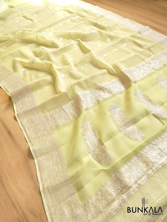 Pista Green Banarasi Pure Khaddi Chiffon Allover Silver Zari Buti Handloom Saree