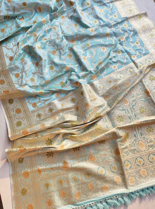 Blue Mashru Silk Meenakari Jaal Design Weaved Banarasi Saree